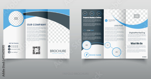 Modern Corporate Trifold Brochure Template in Blue and White, suitable for business presentations, marketing, and real estate services. Fully editable layout with placeholders for images and text.