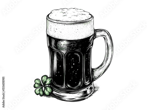 Saint Patrick’s Day beer mug engraving, vintage Irish holiday drink icon, retro black line sketch, hand-drawn festive decor, old engraving style, traditional pub art, festive beverage