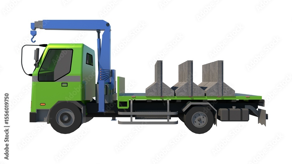 Obraz premium Rendered image of a green truck with a blue 6.5-ton capacity mounted crane, loaded with gray concrete barriers, from a side angle against a white backdrop. Related to specialized transportation