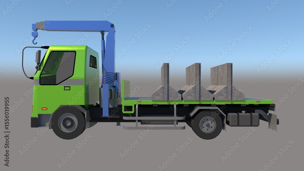 Fototapeta premium Rendered image of a green truck with a blue 6.5-ton capacity mounted crane, loaded with gray concrete barriers, from a side angle against a gradient backdrop. Related to specialized transportation