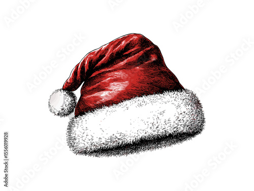Santa hat engraving, Christmas vintage clothing icon, antique winter holiday motif, hand-drawn sketch, retro style, black sketch, trendy seasonal decor, classic holiday illustration