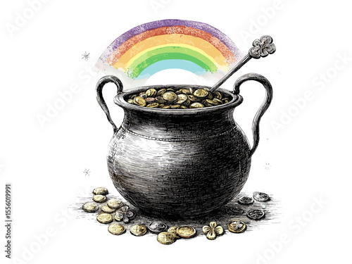 Saint Patrick’s Day vintage engraving, rainbow and gold pot, Irish holiday hand-drawn sketch, black old engraving style, trendy seasonal decor, lucky charm illustration