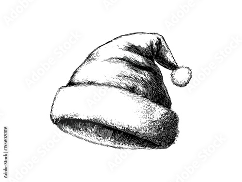 Vintage Christmas clothing icon, Santa hat engraving, hand-drawn festive sketch, antique winter holiday motif, retro decor, black sketch, old engraving style, seasonal celebration art