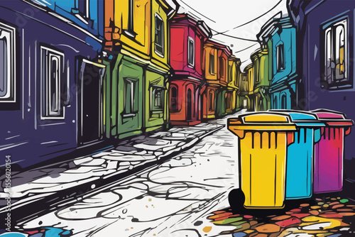 Colorful Dustbin on a Dirty Street