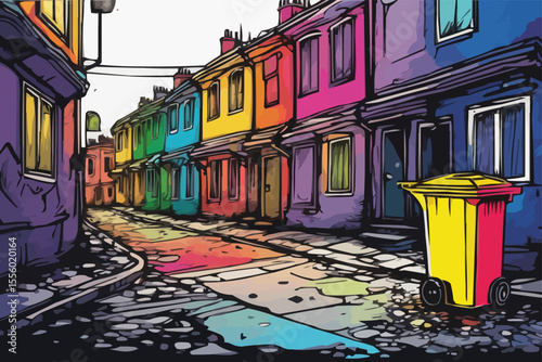 Colorful Dustbin on a Dirty Street