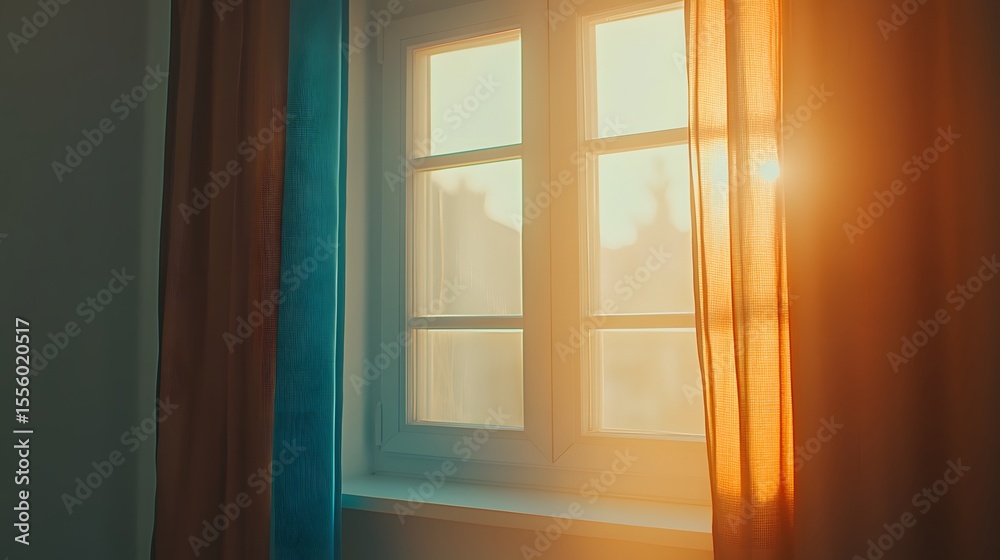 Fototapeta premium Sunrise Golden Light Through Curtains and Window