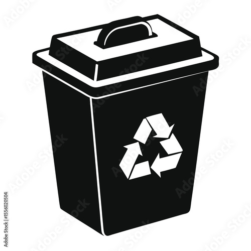 A black recycling bin with a white recycling symbol on its side and a lid with a handle isolated on a white background. Ideal for use in waste management signage, sustainability campaigns