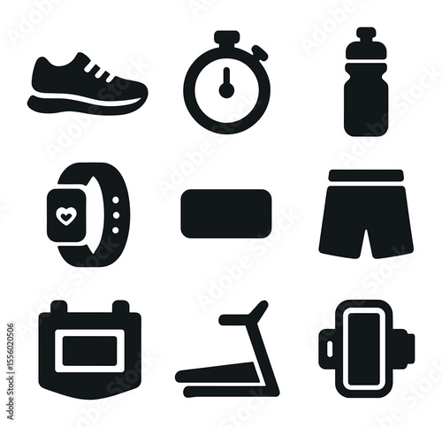 Running Gear Icons. Solid, filled icons set of running gear: running shoes, stopwatch, water bottle, fitness