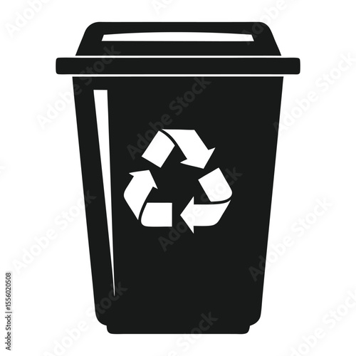 Black recycling bin with a white recycling symbol on its side representing waste management and environmental sustainability isolated on a white background. Ideal for use in waste management signage