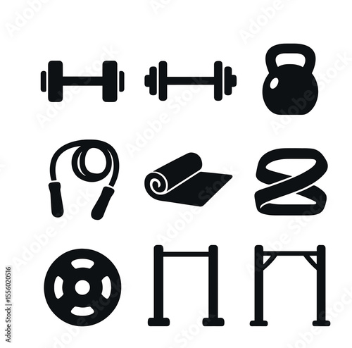 Fitness Icons Collection. Solid, filled icons set of fitness training: dumbbell, barbell, kettlebell, jump