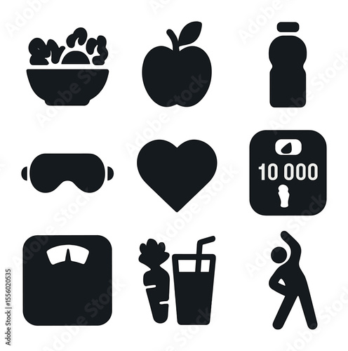 Healthy Lifestyle Icons. Solid, filled icons set of healthy lifestyle: salad bowl, apple, water bottle, sleep