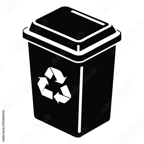 Black recycling bin with a white recycling symbol on its side isolated on a clean white background for easy use in design projects. Ideal for use in waste management signage, sustainability campaign 