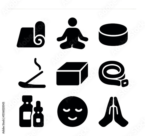 Yoga Essentials Icons. Solid, filled icons set of yoga essentials: yoga mat, lotus pose, meditation cushion,