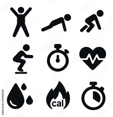 HIIT Exercise Icons. Solid, filled icons set of HIIT exercises: jumping jack, burpee, mountain climber, squat