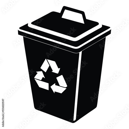 Black silhouette of a recycling bin with the universal recycling symbol prominently displayed on its side isolated on a white background. Ideal for use in waste management signage, sustainability