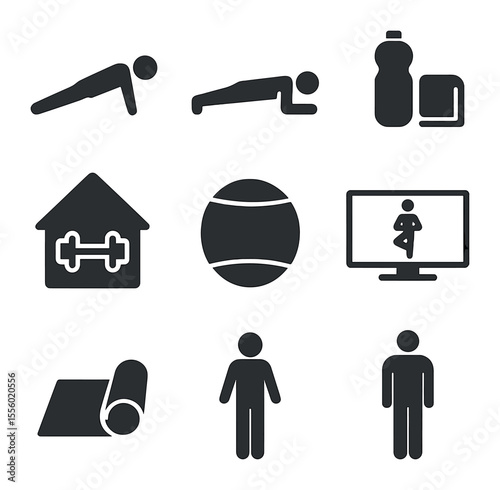 Home Workout Icons. Solid, filled icons set of home workouts: push-up pose, plank pose, water bottle, towel,