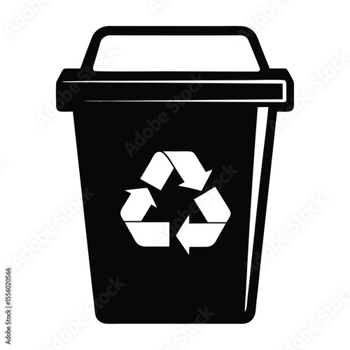 A black recycling bin with a white recycling symbol prominently displayed on its side isolated on a pure white background. Ideal for use in waste management signage, sustainability campaigns