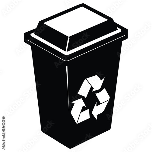 A black recycling bin with a white lid and the universal recycling symbol prominently displayed on its side isolated on a white background. Ideal for use in waste management signage, sustainability 