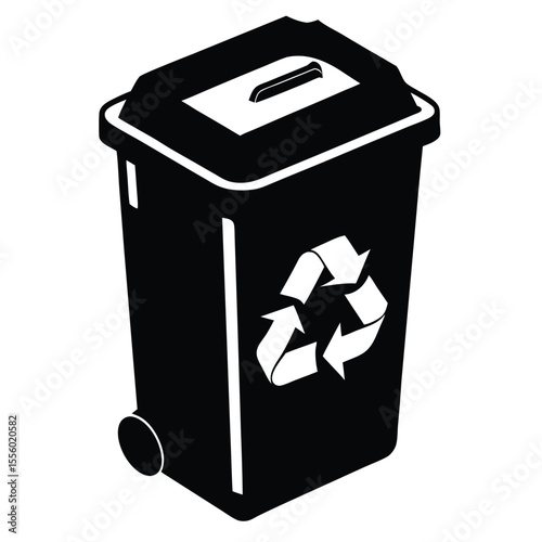 Black silhouette of a wheeled recycling bin with a lid and the universal recycling symbol on its side isolated on a white background. Ideal for use in waste management signage, sustainability campaign