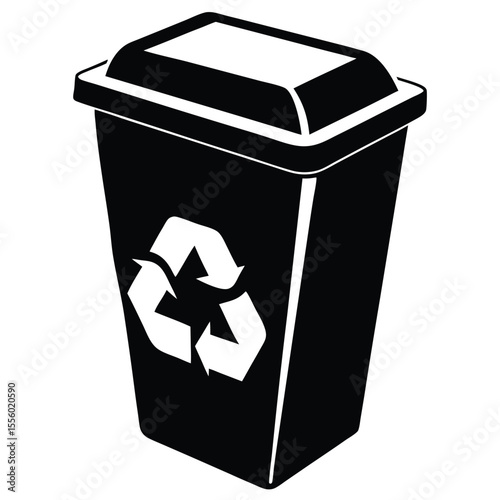 Black recycling bin with a white recycling symbol and lid presented as a simple graphic illustration isolated on a white background. Ideal for use in waste management signage, sustainability campaign