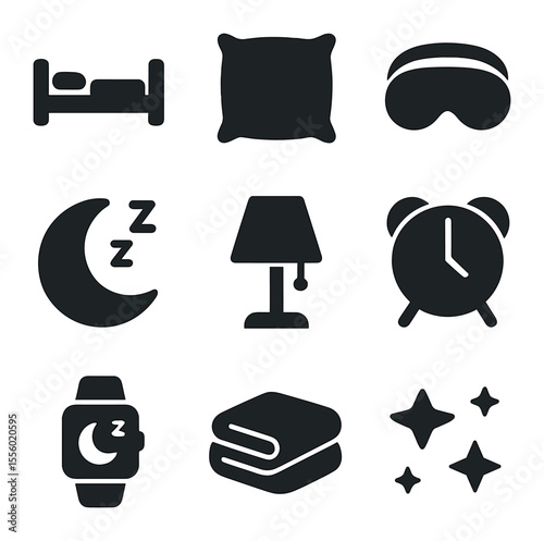 Sleep Hygiene Icons. Solid, filled icons set of sleep hygiene: bed, pillow, sleep mask, moon, night lamp,