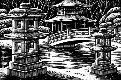 Riverside pagoda with stone lanterns and a wooden bridge nearby black and white sketch vector hand drawn