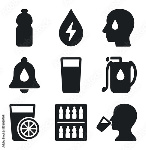 Hydration Fitness Icons. Solid, filled icons set of hydration and fitness: water bottle, electrolyte icon,