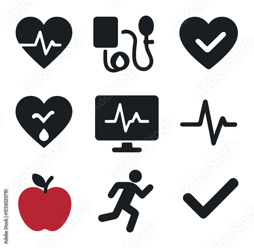 Heart Health Icons. Solid, filled icons set of heart health: heart beat, blood pressure cuff, healthy heart,