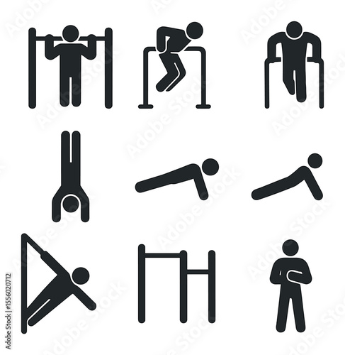 Calisthenics Icon Grid. Solid, filled icons set of calisthenics: pull-up bar, dip station, muscle-up,