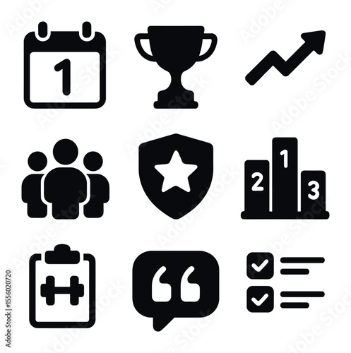 Fitness Icons Set. Solid, filled icons set of fitness challenges: day counter, trophy icon, progress arrow,