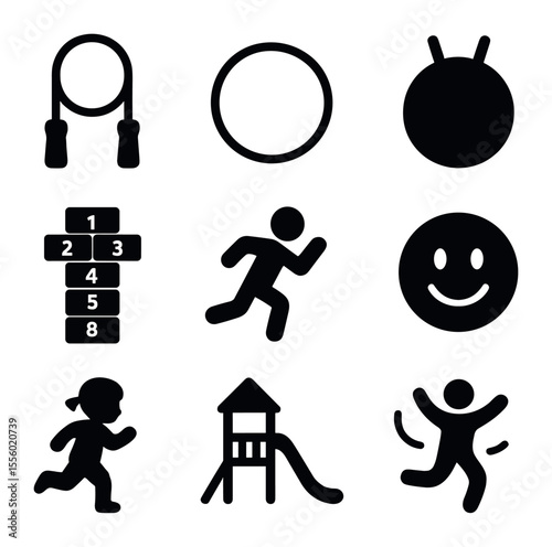 Kids Fitness Icons. Solid, filled icons set of kids fitness: jump rope, hula hoop, bouncing ball, hopscotch,