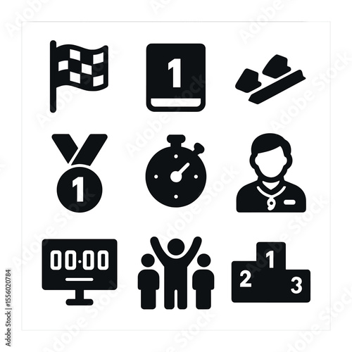 Sport Competition Icons. Solid, filled icons set of sport competitions: finish flag, race number, starting
