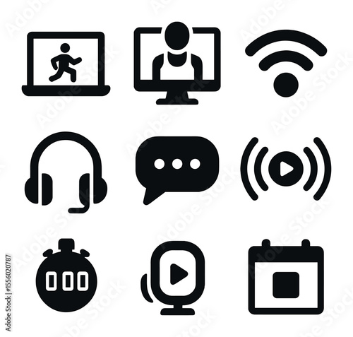 Virtual Fitness Icons. Solid, filled icons set of virtual fitness: laptop workout, online coach, webcam, Wi-Fi