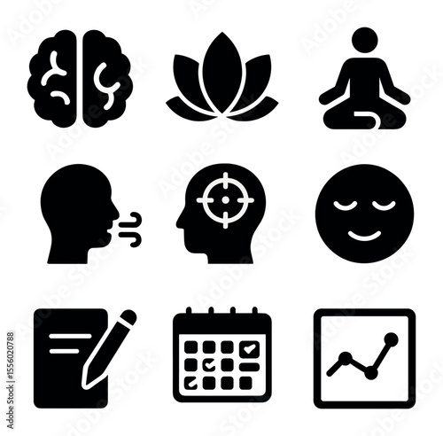 Mental Fitness Icons. Solid, filled icons set of mental fitness: brain icon, mindfulness, meditation pose,
