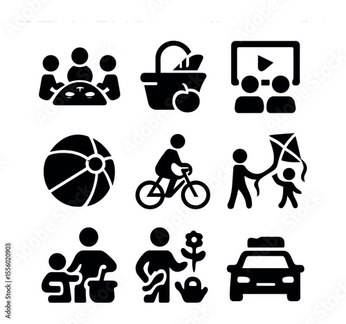 Family Activity Icons. Solid, filled icons set of family activities: board game, picnic basket, movie night,