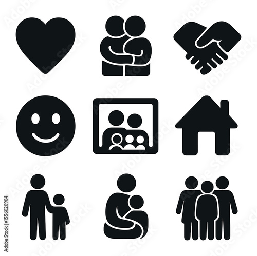 Family Love Icons. Solid, filled icons set of family love: heart, hug, holding hands, smiling face, family