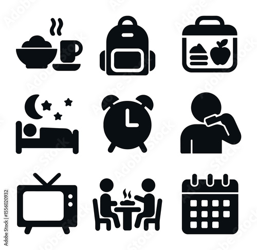 Daily Family Icons. Solid, filled icons set of daily family routine: breakfast, school backpack, lunchbox,