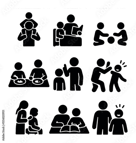 Parent-Child Bonding Icons. Solid, filled icons set of parent-child bonding: piggyback ride, bedtime story,