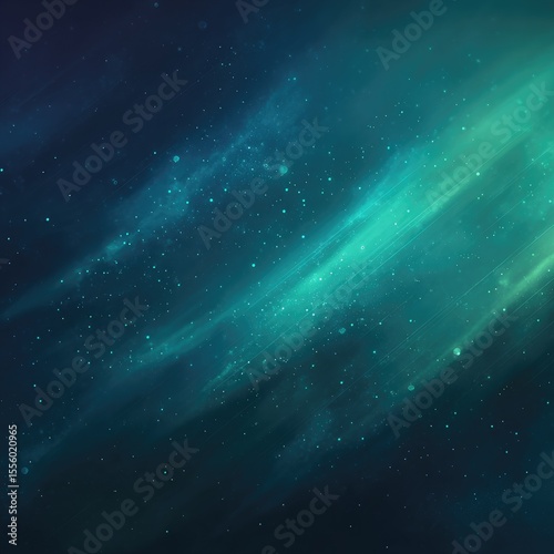 Abstract nebula-like image with teal and dark blue hues, streaks of light, and scattered sparkles