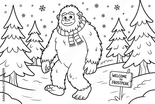 Bigfoot walks through snowy forest.