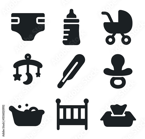 Parenting Care Icons. Solid, filled icons set of parenting care: diaper, baby bottle, stroller, lullaby,