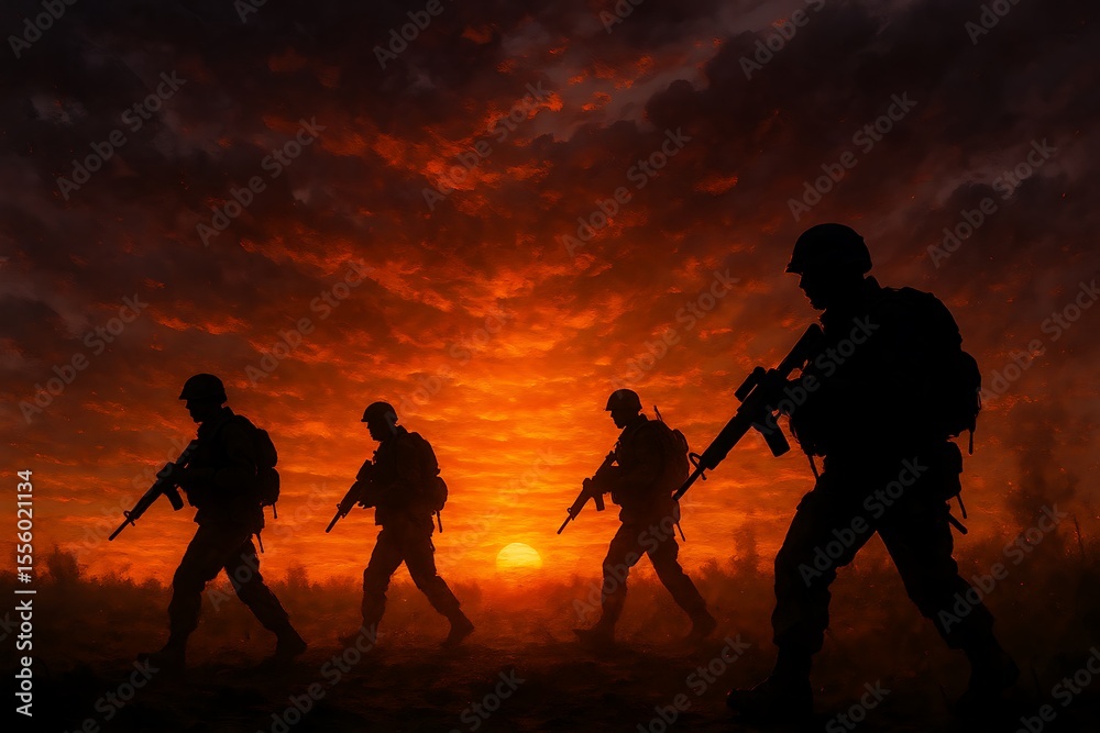 Fototapeta premium Silhouetted soldiers walking during sunset, dramatic scene of military personnel in front of fiery sky, intense backlighting and shadowed figures Military Background
