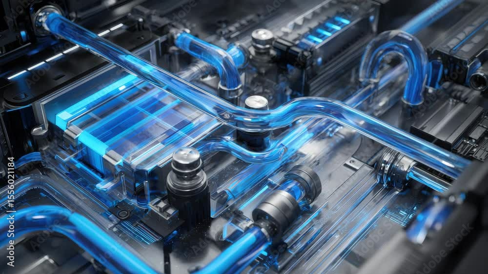 This clip showcases intricate cooling systems within computer hardware, featuring flowing blue liquid through pipes designed to optimize temperature control