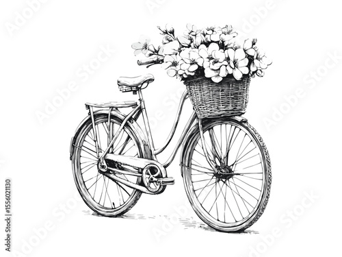 Spring bicycle floral engraving, vintage transport motif, hand-drawn retro sketch, old engraving style, trendy black artwork, seasonal decor, rustic bike illustration, retro floral design