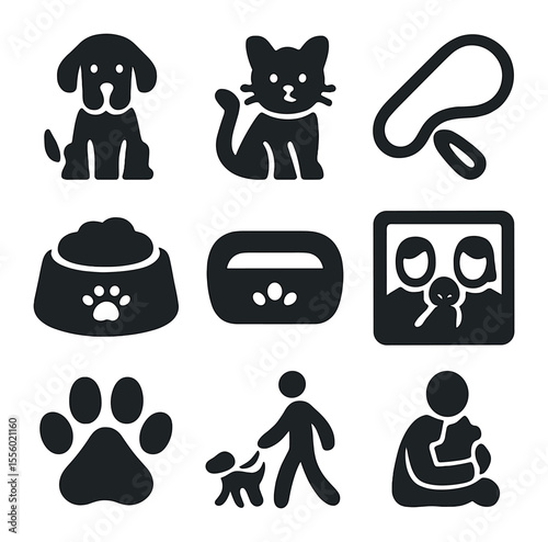 Family Pets Icon Set. Solid, filled icons set of family pets: dog, cat, leash, food bowl, pet bed, family
