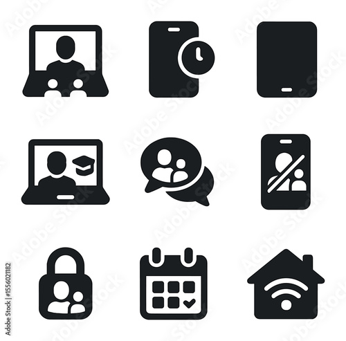 Digital Family Icons. Solid, filled icons set of digital family life: video call, screen time, tablet icon,