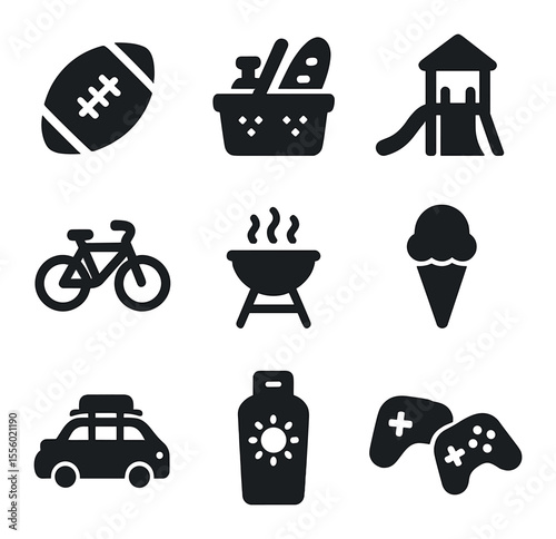 Weekend Fun Icons. Solid, filled icons set of weekend fun: football, picnic, playground, bike, barbecue, ice