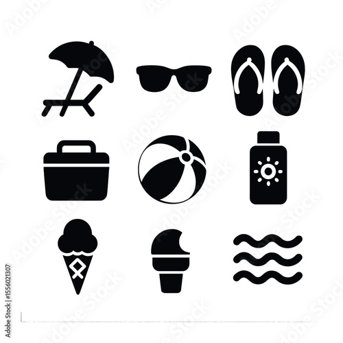 Beach Hangout Icons. Solid, filled icons set of beach hangout: umbrella, beach chair, sunglasses, flip-flops,