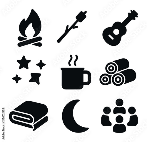 Bonfire Night Icons. Solid, filled icons set of bonfire night: campfire, marshmallow stick, guitar, stars,