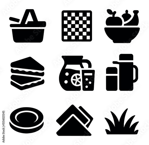 Picnic Icon Set. Solid, filled icons set of picnic with friends: basket, blanket, fruit bowl, sandwiches,